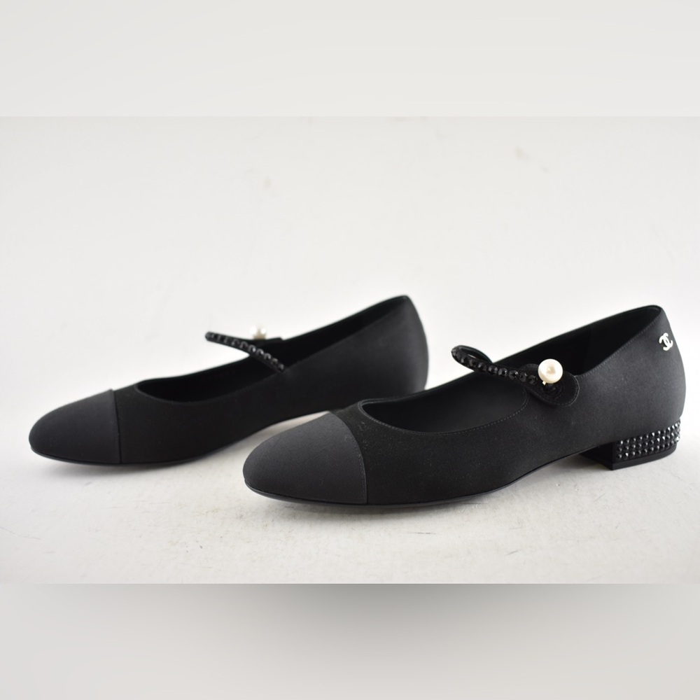 Chanel 24B Black Silk Crystal CC Logo Mary Jane Strap Ballerina Ballet Flat 38.5 - Picture 11 of 15
